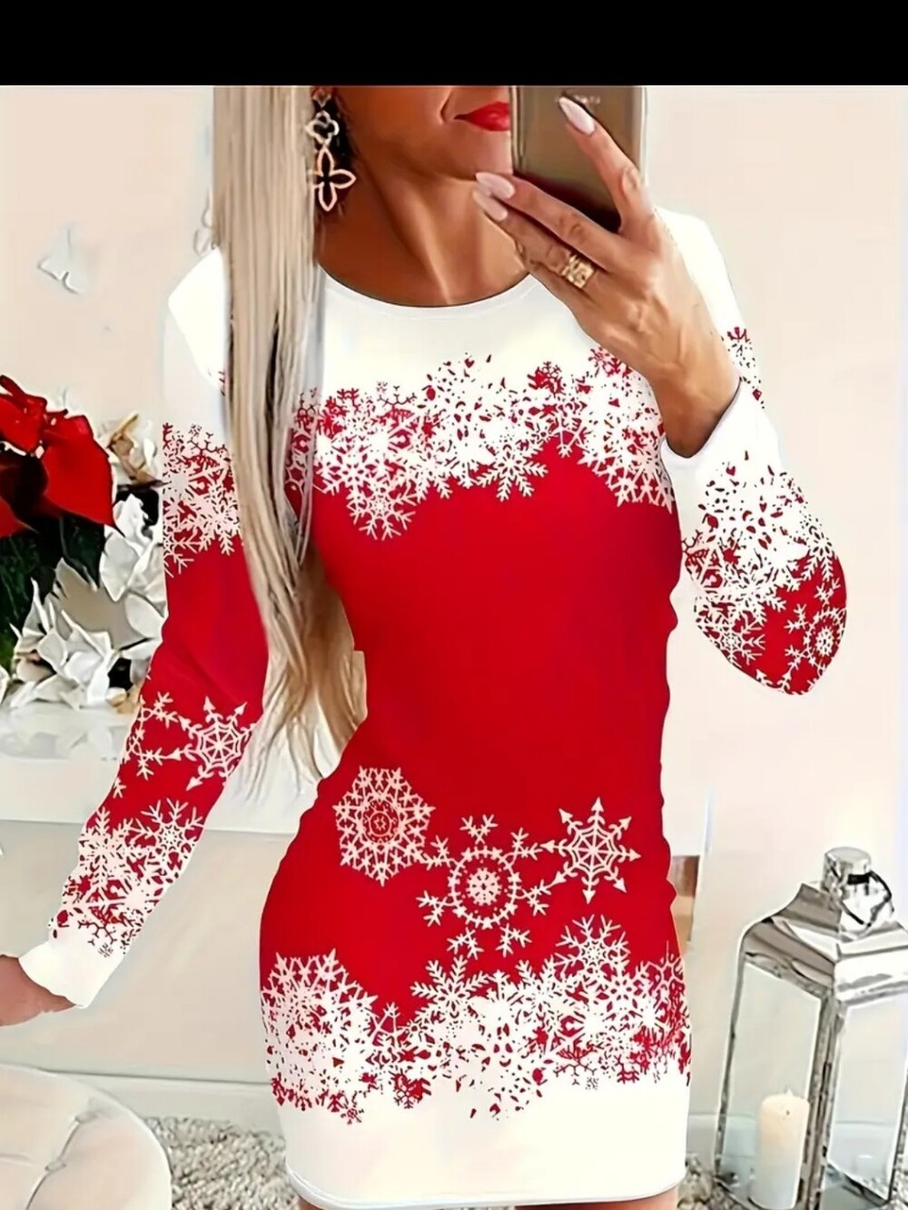 Red Snowflake Long-Sleeve Bodycon Dress by
